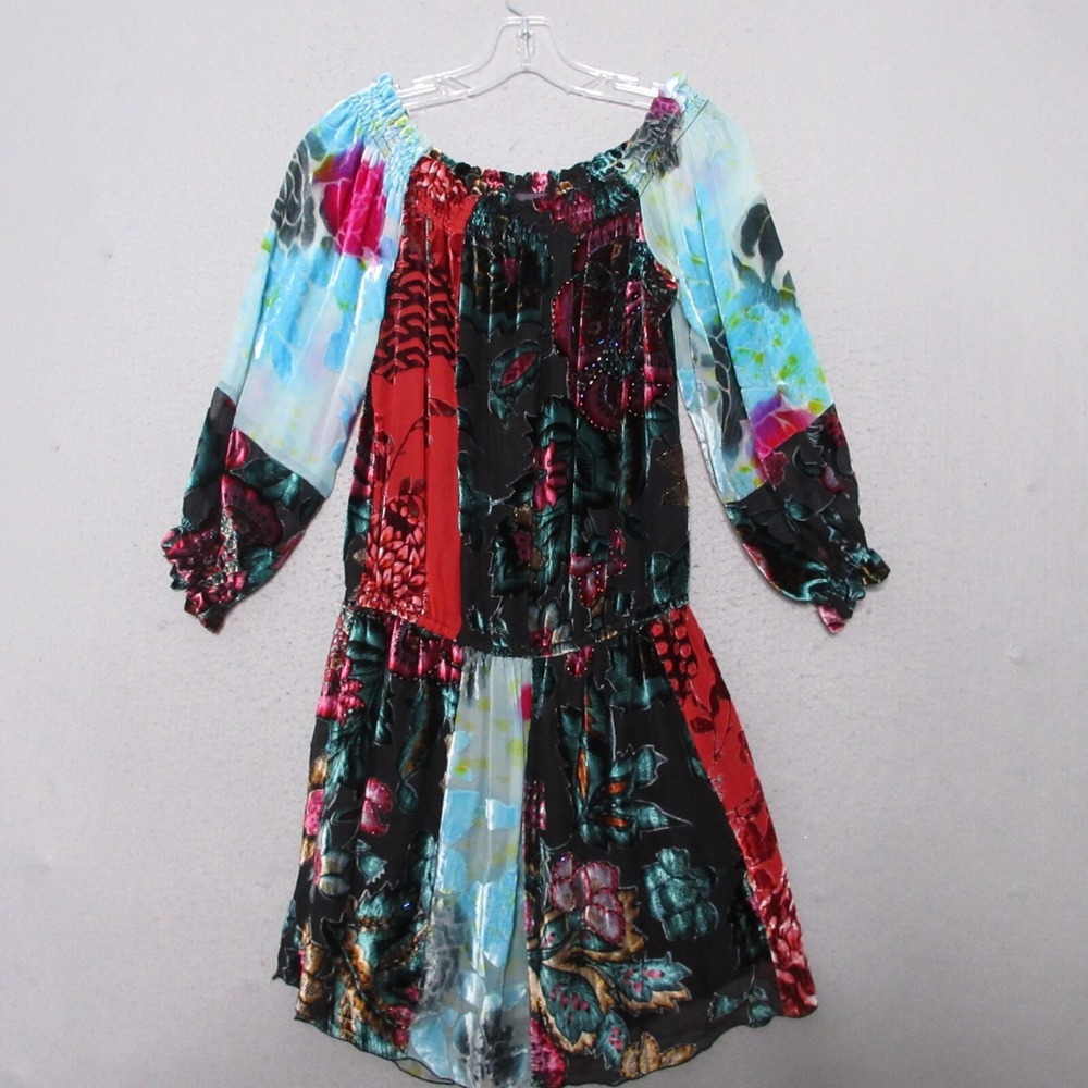 Hale Bob‎ Dress XS Floral Velvet Burnout Beaded Mini Boho Pockets Silk Blend